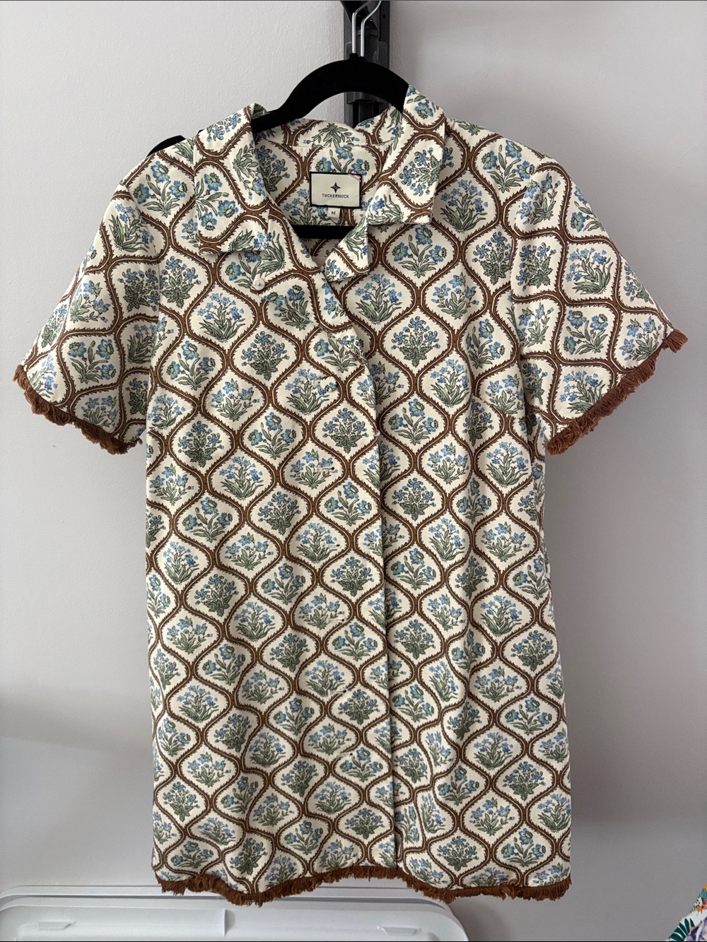 Patterned Short-Sleeve dress – Cream, Blue & Brown floral